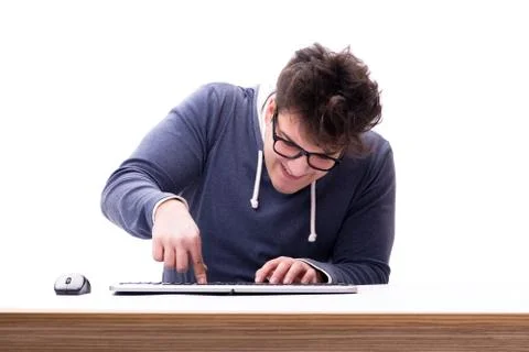 Funny nerd man working on computer isolated on white Stock Photos