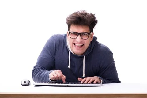 Funny nerd man working on computer isolated on white Stock Photos