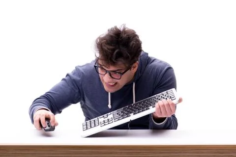 Funny nerd man working on computer isolated on white Stock Photos