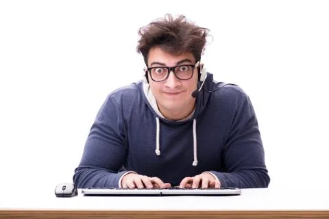 Funny nerd man working on computer isolated on white Stock Photos