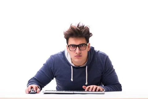 Funny nerd man working on computer isolated on white Stock Photos