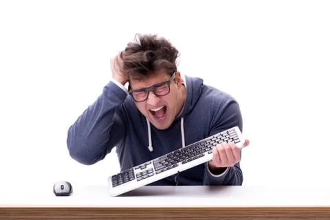 Funny nerd man working on computer isolated on white Stock Photos