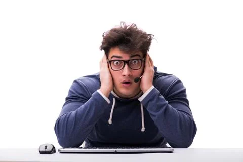 Funny nerd man working on computer isolated on white Stock Photos