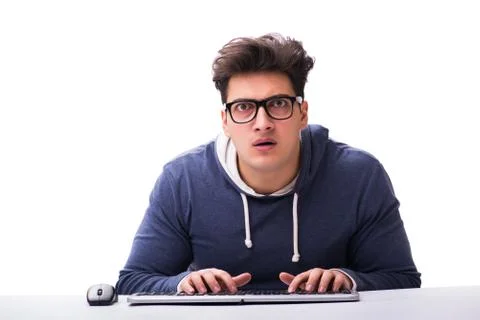 Funny nerd man working on computer isolated on white Stock Photos