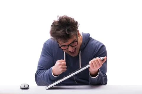 Funny nerd man working on computer isolated on white Stock Photos