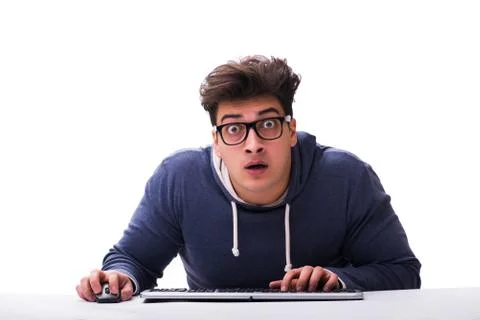 Funny nerd man working on computer isolated on white Stock Photos