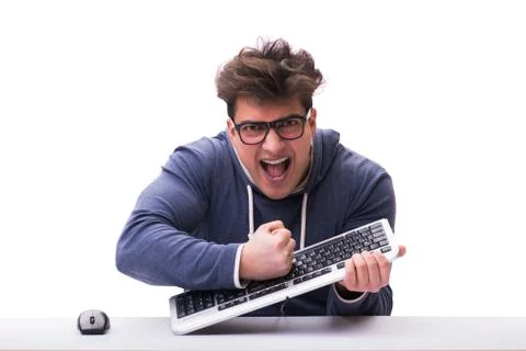 Funny nerd man working on computer isolated on white Stock Photos
