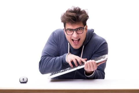 Funny nerd man working on computer isolated on white Stock Photos
