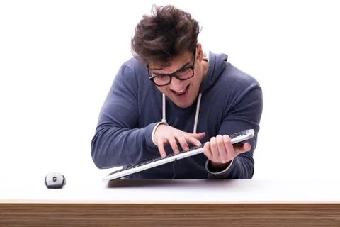 Funny nerd man working on computer isolated on white Stock Photos