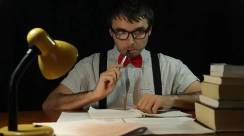 Funny nerd man working overtime at night 库存影片 22606770
