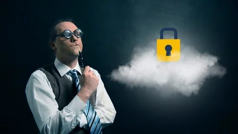 Funny nerd or geek looking to flying cloud with rotating protection icon Stock Footage 104256005