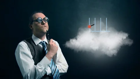 Funny nerd or geek looking to flying cloud with rotating diagram chart icon Stock Footage 104260542