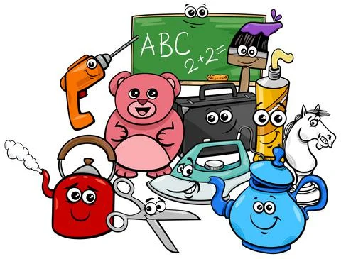 Funny objects characters group cartoon illustration Stock Illustration