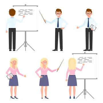 Funny office worker guy and lady vector illustration. Holding wooden wand, sh Stock Illustration