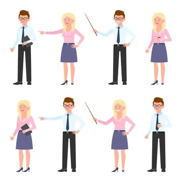 Funny office worker guy and lady vector illustration. Pointing finger Stock Illustration