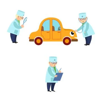 Funny old doctor checking and curing sick car Stock Illustration