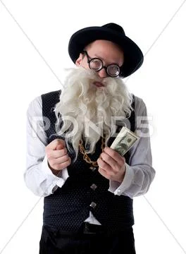 Funny old jew with banknotes isolated Stock Photos