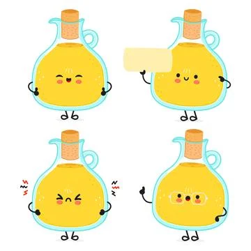 Funny Olive oil characters bundle set. Vector hand drawn doodle style carto.. Stock Illustration