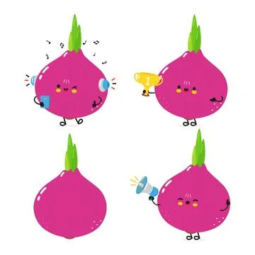 Funny Onion characters bundle set. Vector hand drawn doodle style cartoon c.. Illustrazione stock