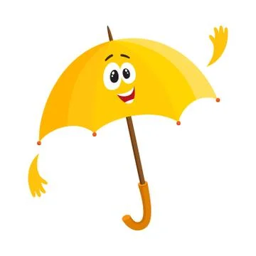 Funny open umbrella character with smiling human face waving hello Illustration