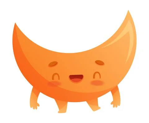 Funny Orange Crescent as Geometric Shape Character with Smiling Face Expression Stock Illustration