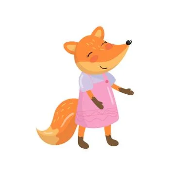 Funny orange fox character. Humanized forest animal in pink sarafan and purple t Stock Illustration