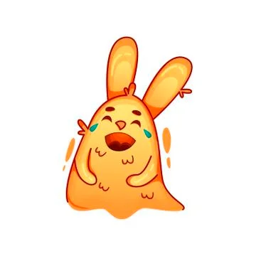 Funny Orange Hare with Long Ears Laughing Tears Vector Sticker Stock Illustration