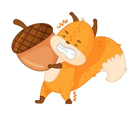 Funny Orange Squirrel Character with Bushy Tail Lifting Heavy Acorn with Great Stock Illustration