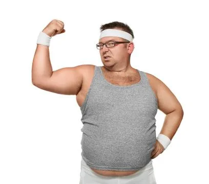 Funny overweight nerd showing off his muscle isolated on white background Stock Photos