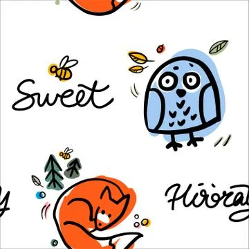 Funny owl and fox vector seamless pattern. Stock Illustration