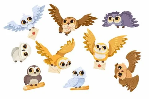 Funny Owl Flying Creature with Large Eyes and Wings Vector Set Stock-Illustration