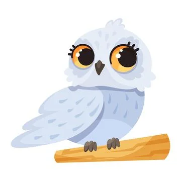 Funny Owl Flying Creature with Large Eyes and Wings Perching on Wooden Stick Stock-Illustration
