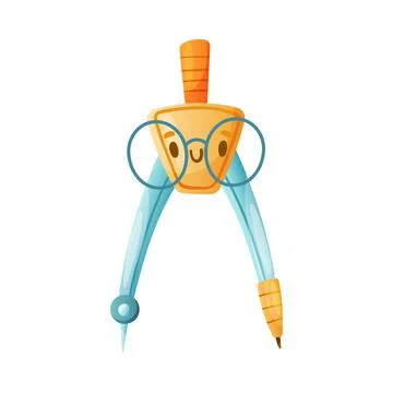 Funny Pair of Compasses as School Item with Smiling Face in Glasses as Cartoon Illustrazione stock