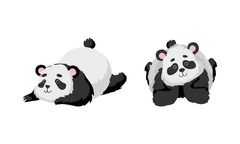 Funny Panda Bear with Black-and-white Coat and Rotund Body Lying Vector Set Stock Illustration