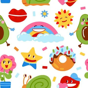 Funny patches pattern. Pop abstract doodles, cartoon fun avocado, rainbow, stars 스톡 일러스트