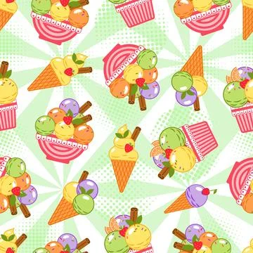 Funny pattern with different ice cream, round halftone shapes, radial backg.. Illustrazione stock