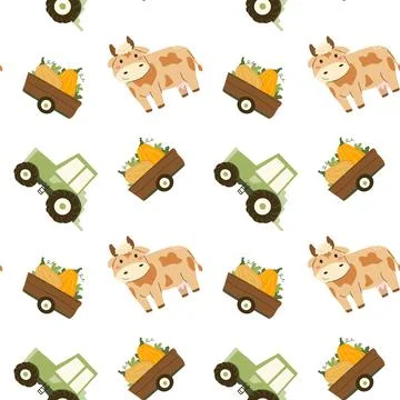 Funny pattern with harvest, tractor and cow. Seamless print for kitchen tex.. Illustrazione stock