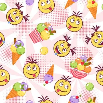 Funny pattern with ice cream, crazy emoji kids, round halftone shapes Stock Illustration