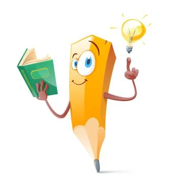 Funny pencil with book and idea lamp. Stock Illustration
