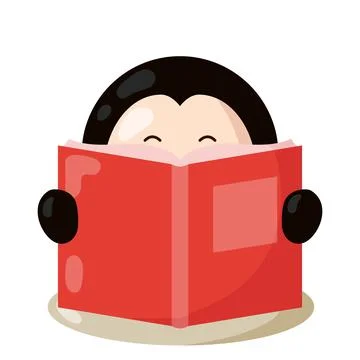 Funny penguin with book in flat design with shadows.  Stock Illustration