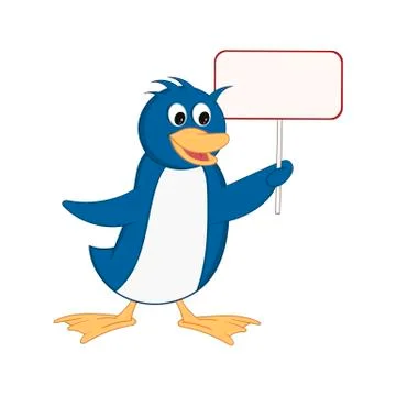Funny penguin holds a rectangular sign in his hand. Cheerful cartoon comic st Stock Illustration