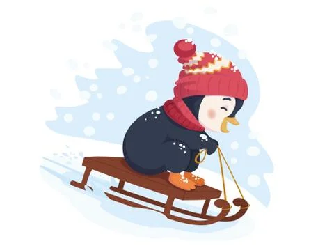 Funny penguin sledding Stock Illustration