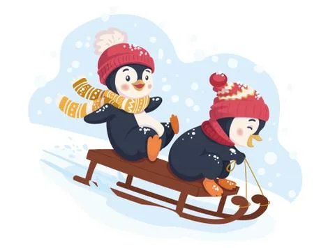 Funny penguin sledding Stock Illustration