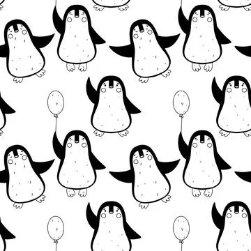 Funny penguins seamless pattern in hand drawn doodle style. Vector illustra.. Stock Illustration