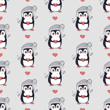Funny Penguins Seamless Pattern Vector in Flat Design Stock Illustration