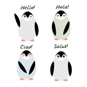 Funny penguins on white background. Hello in English Spanish Italian French Stock Illustration
