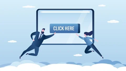 Funny people fly and pushes button on tablet pc. 4K footage. Online applica.. Stock Footage 307089165