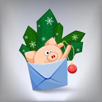 A funny pig jumping out of an envelope to decorate the fir branches on grey Stock Illustration