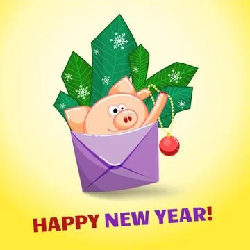 A funny pig jumping out of an envelope to decorate the fir branches with Stock Illustration
