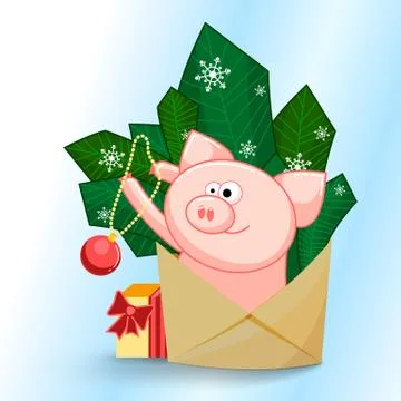 A funny pig jumping out of an envelope to decorate the fir branches. Stock Illustration